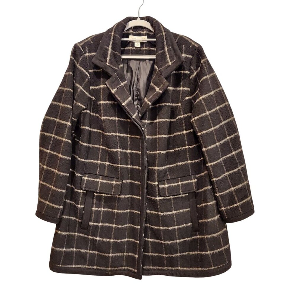 Pure Energy Overcoat Womens 1X Wool Blend Fuzzy boxy Plaid Black Button career o